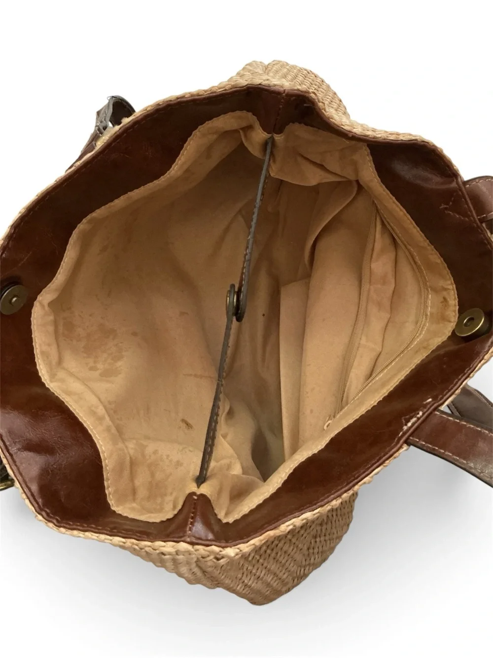 Woven Straw Tote Bag with Brown Leather Trim